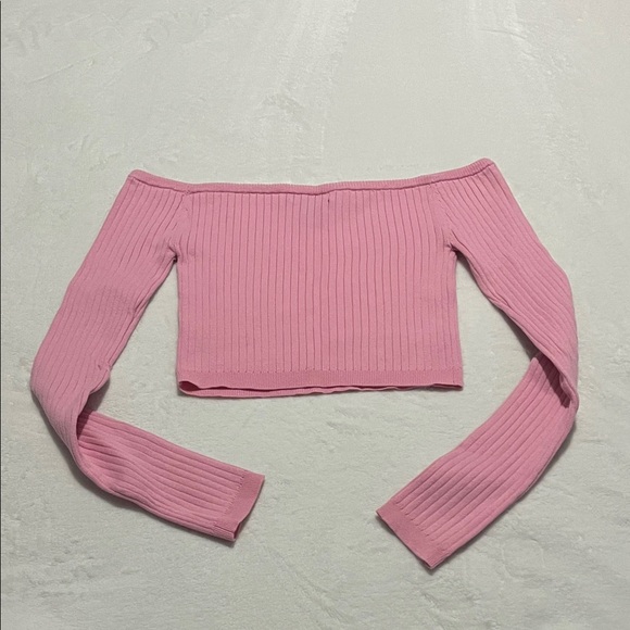 Cropped Pink Off-Shoulder Ribbed Sweater - Picture 3 of 3